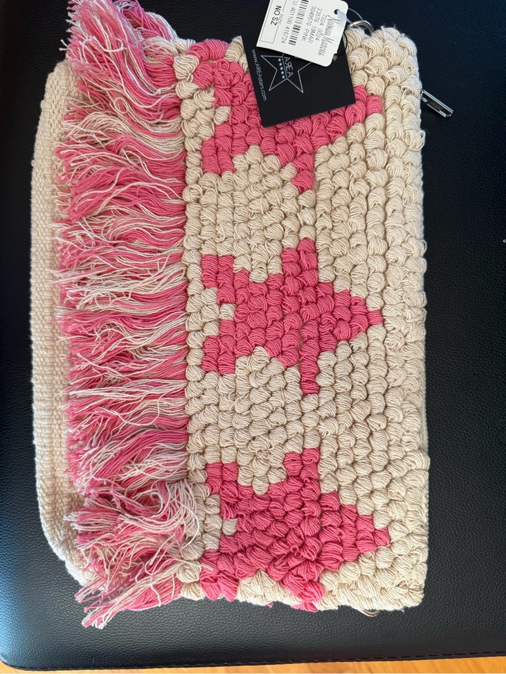 Neiman Marcus Pink and Cream Woven Fringe Clutch